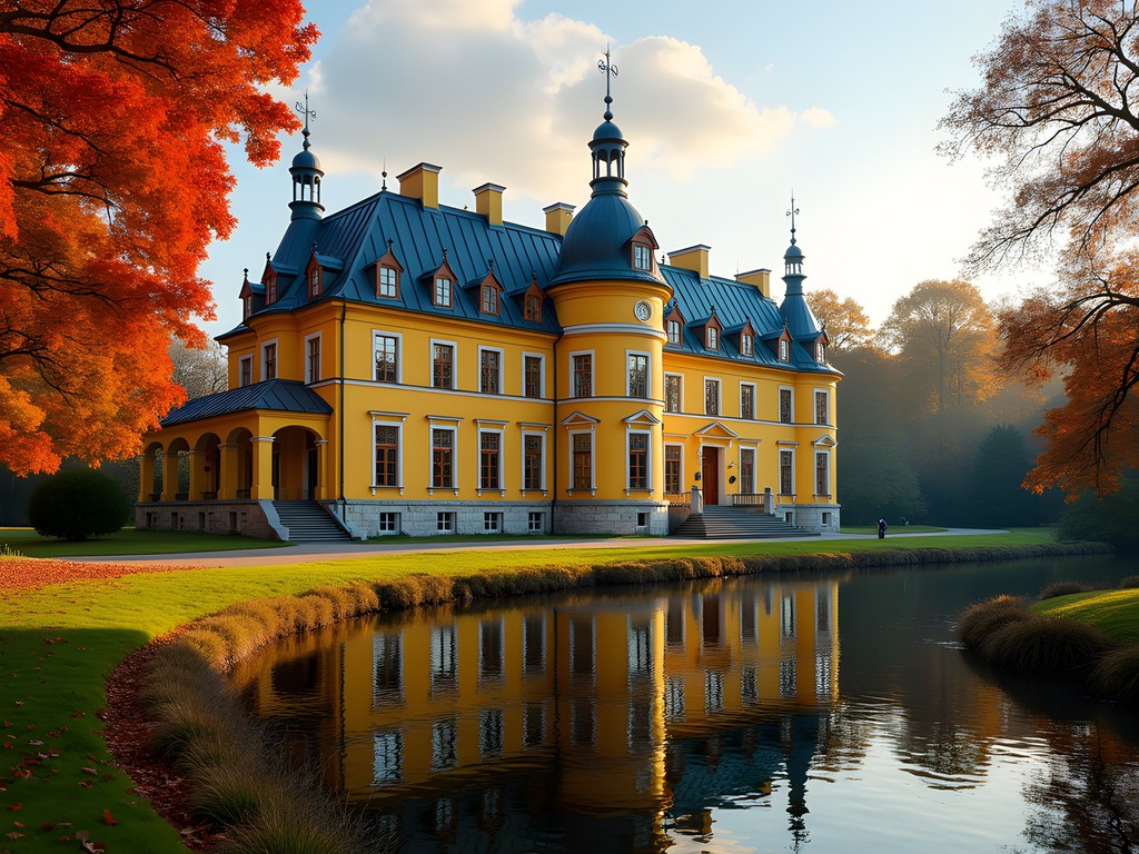 17th-century Häringe Slott castle exterior with Baltic Sea views during autumn foliage