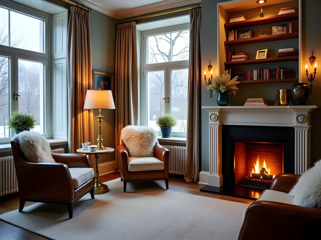 Cozy fireplace lounge at Ett Hem boutique hotel in Stockholm with brass details and vintage furniture