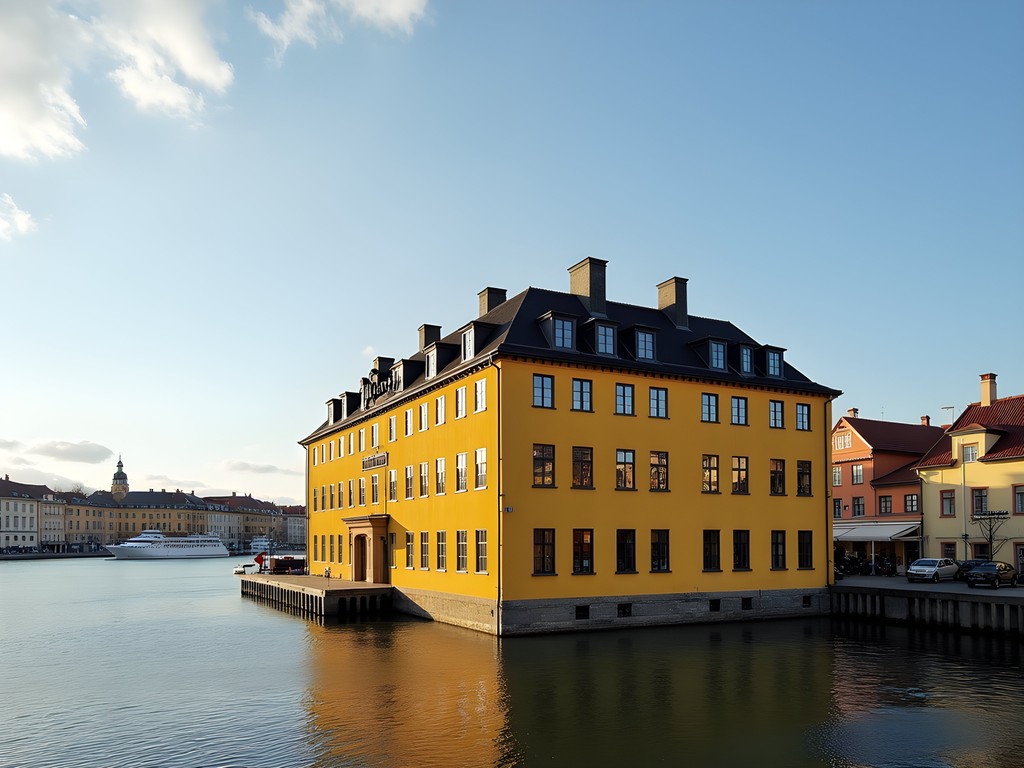 Hotel Skeppsholmen's waterfront view of Stockholm harbor with historic yellow buildings