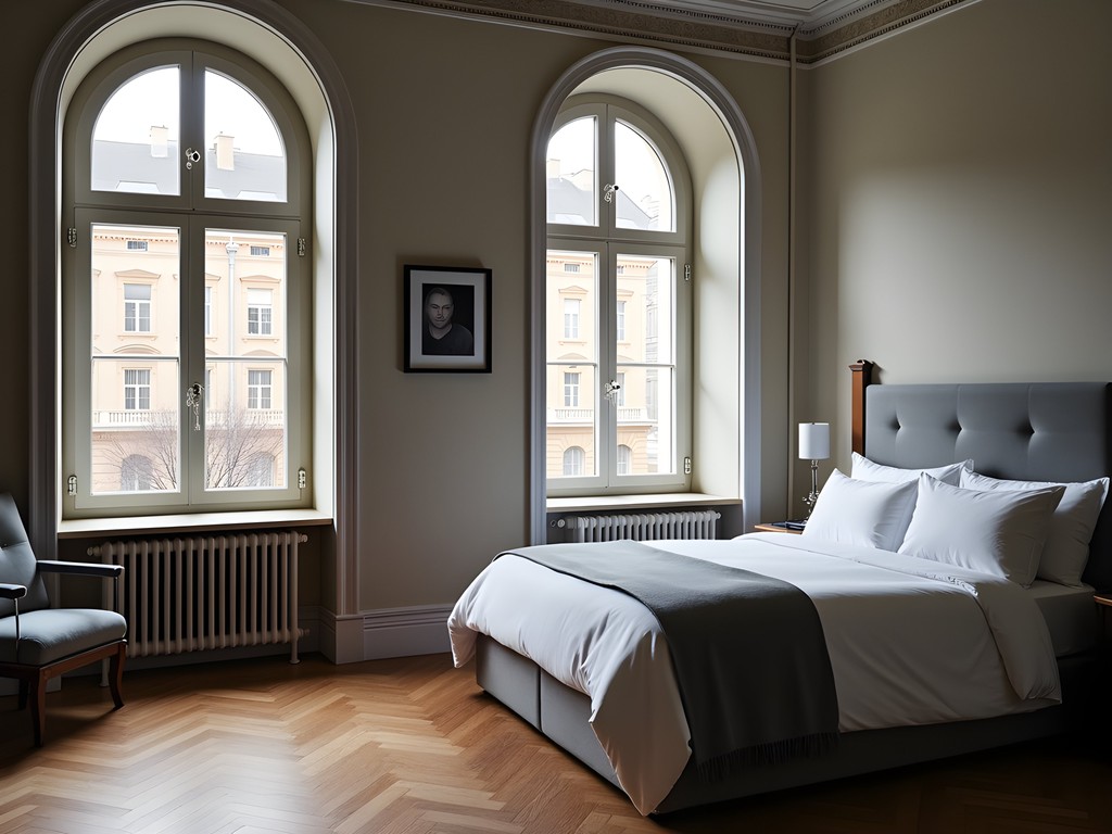 Elegant guest room at Miss Clara hotel with dramatic Art Nouveau arched windows and minimalist Scandinavian design