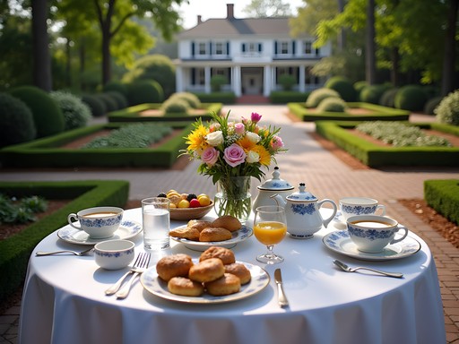 Elegant breakfast setting in manicured garden at luxury Suffolk inn