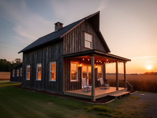 Converted barn accommodation on Suffolk peanut farm at sunset