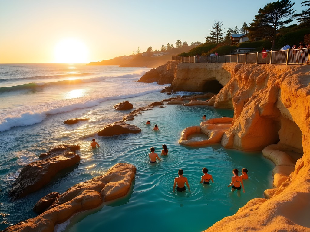 Sunrise at Coogee Beach ocean pools with families enjoying early morning swim