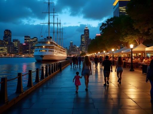 Family enjoying evening at Darling Harbour with city lights and water views