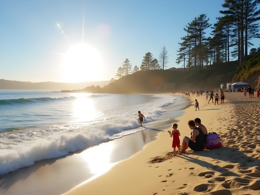 Family morning at Manly Beach with surfers and beachgoers