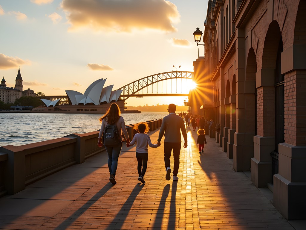 Sunrise view of Sydney Opera House and Harbour Bridge from The Rocks neighborhood