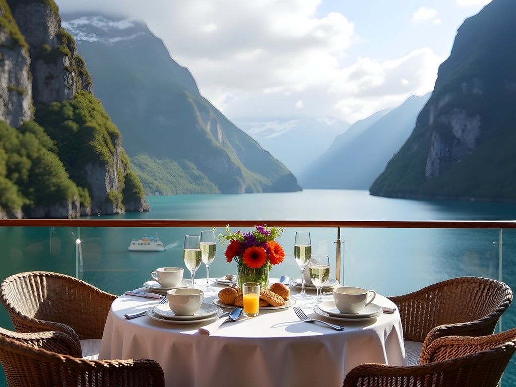 Private veranda dining with Milford Sound views on Silversea Silver Muse cruise ship