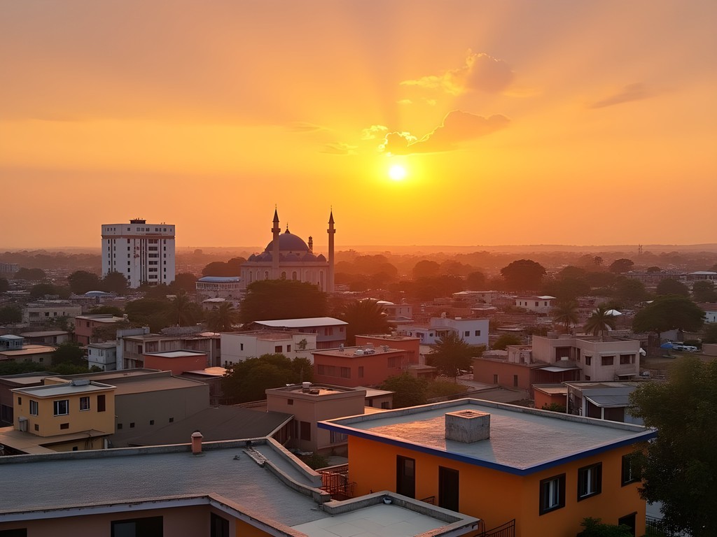 Sunset view from hotel rooftop in Tamale showing the city skyline