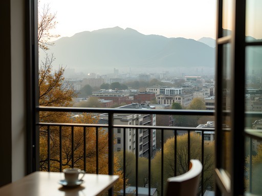 View from Tehran apartment balcony showing cityscape with Alborz Mountains in background during fall