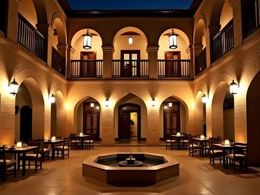 Traditional courtyard of historic accommodation in old Tehran district with authentic Persian architecture
