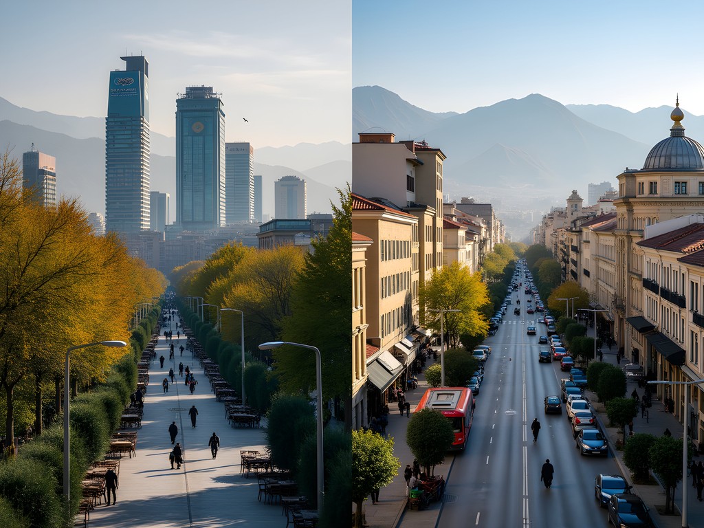 Split image showing contrast between North Tehran's modern architecture and Central Tehran's historic buildings