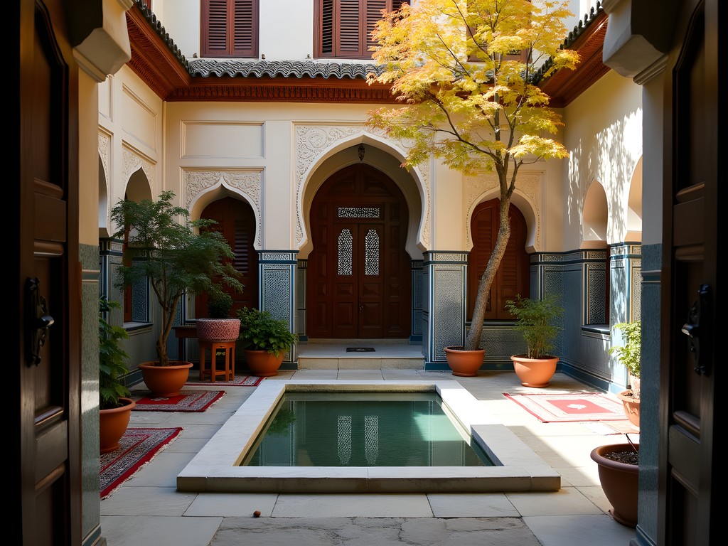 Traditional Persian guesthouse courtyard with howz pool and autumn foliage in Tehran