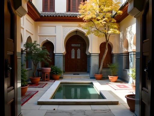Traditional Persian guesthouse courtyard with howz pool and autumn foliage in Tehran