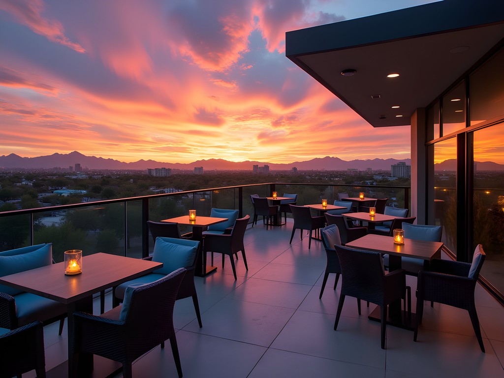 Rooftop sunset view from AC Hotel Tempe with urban skyline and desert mountains