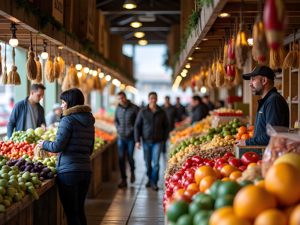 Family shopping for local produce at Mercado Municipal in Temuco, Chile