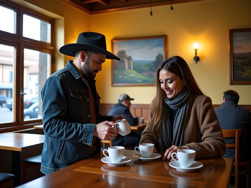 Travel blogger Sean Scott reviewing accommodation options on laptop at Temuco cafe