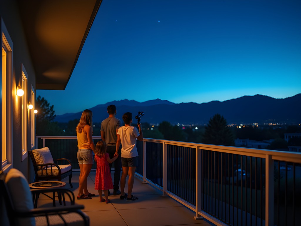 Family stargazing from hotel balcony in Thornton with Rocky Mountains in distance
