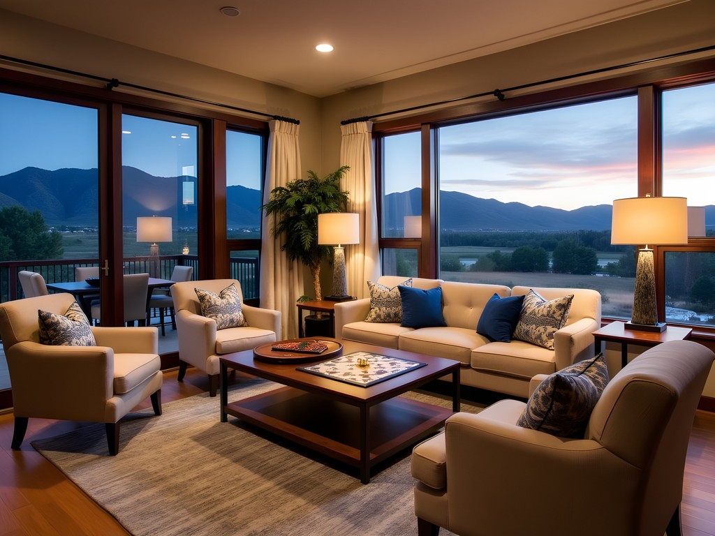 Family gathering in spacious Thornton vacation rental living room with mountain views