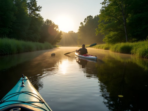 Kayaking on peaceful creek in Toms River New Jersey summer morning