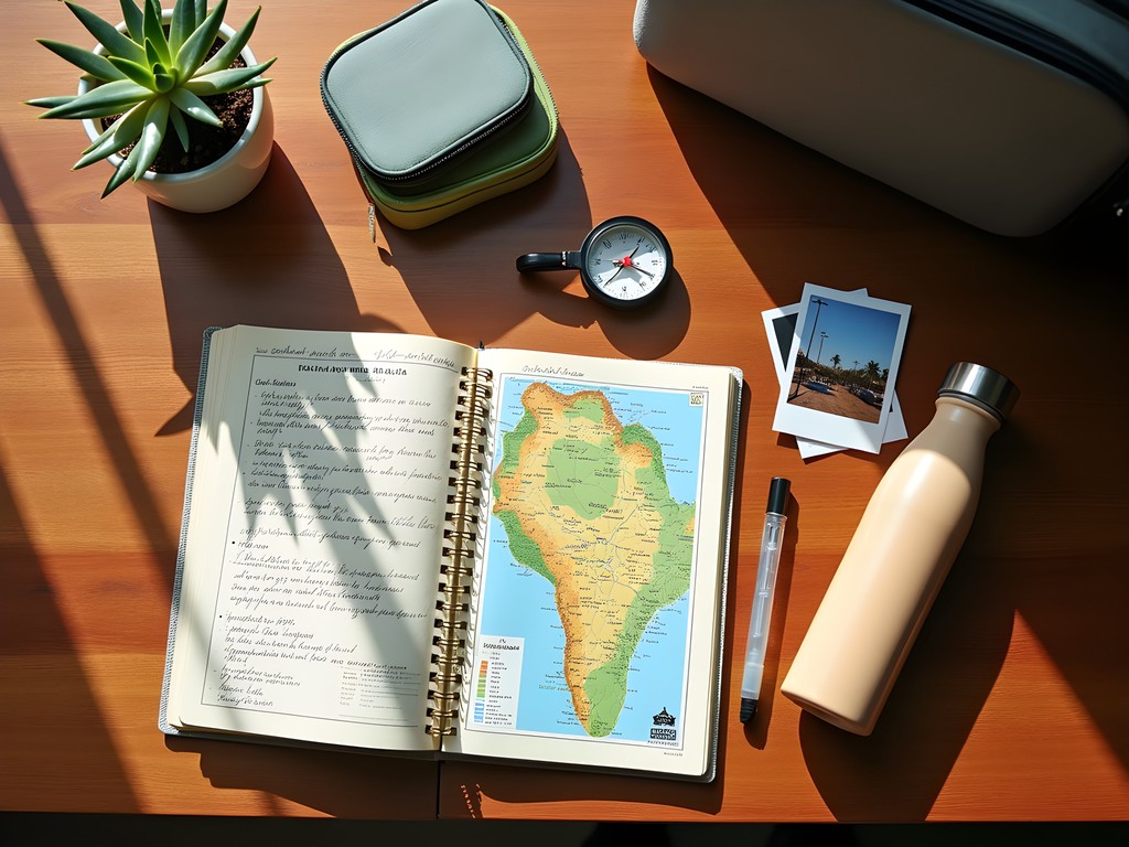 Travel planning materials for Trinidad accommodation transitions on wooden table