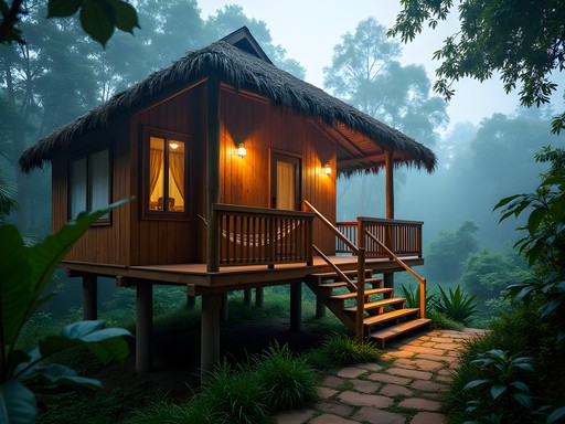 Elevated wooden eco-lodge cabin surrounded by Amazonian forest near Trinidad, Bolivia