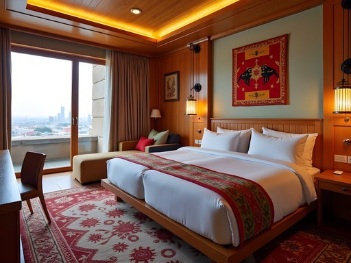 Boutique hotel room in Ulaanbaatar featuring traditional Mongolian design elements and modern amenities