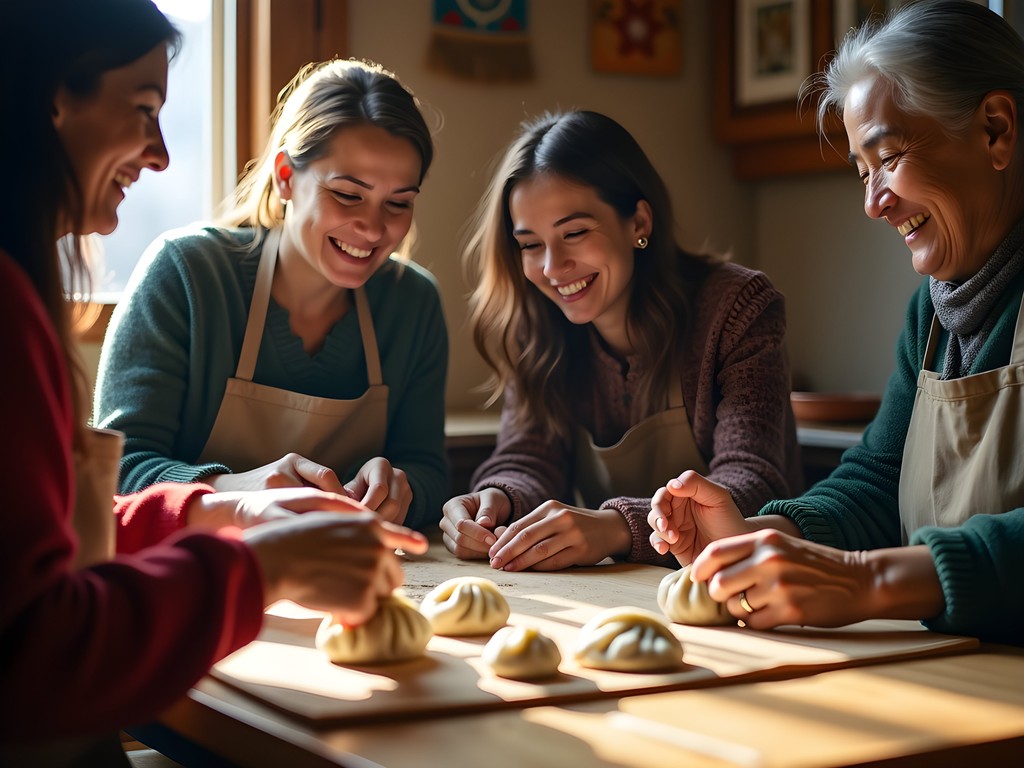 Family learning to make traditional Mongolian buuz dumplings at a guesthouse in Ulaanbaatar