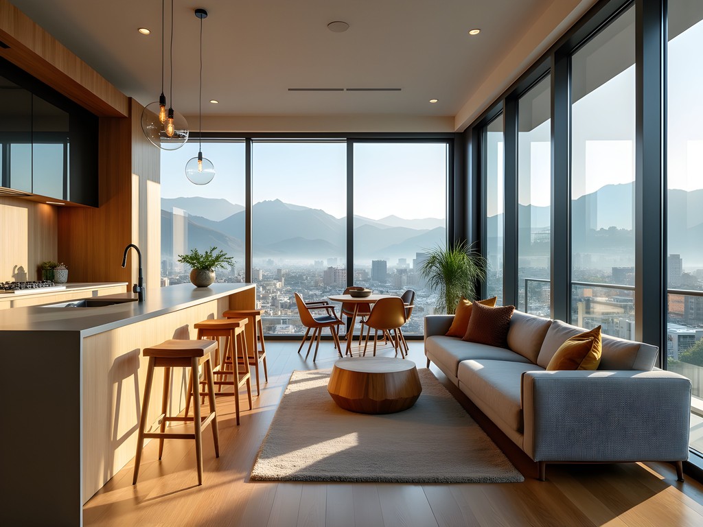 Modern apartment rental in Ulaanbaatar with view of city skyline and distant mountains