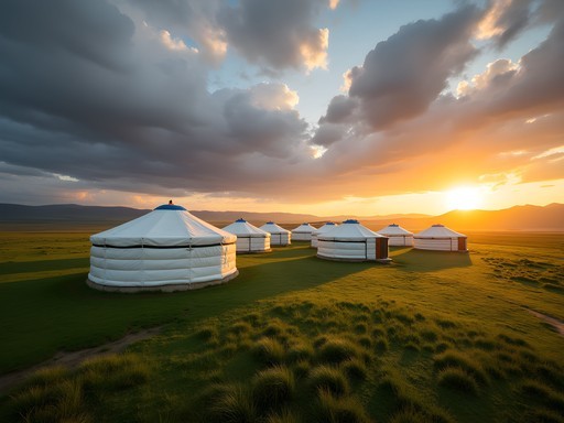Traditional Mongolian ger camp with white felt tents against sunset backdrop near Ulaanbaatar
