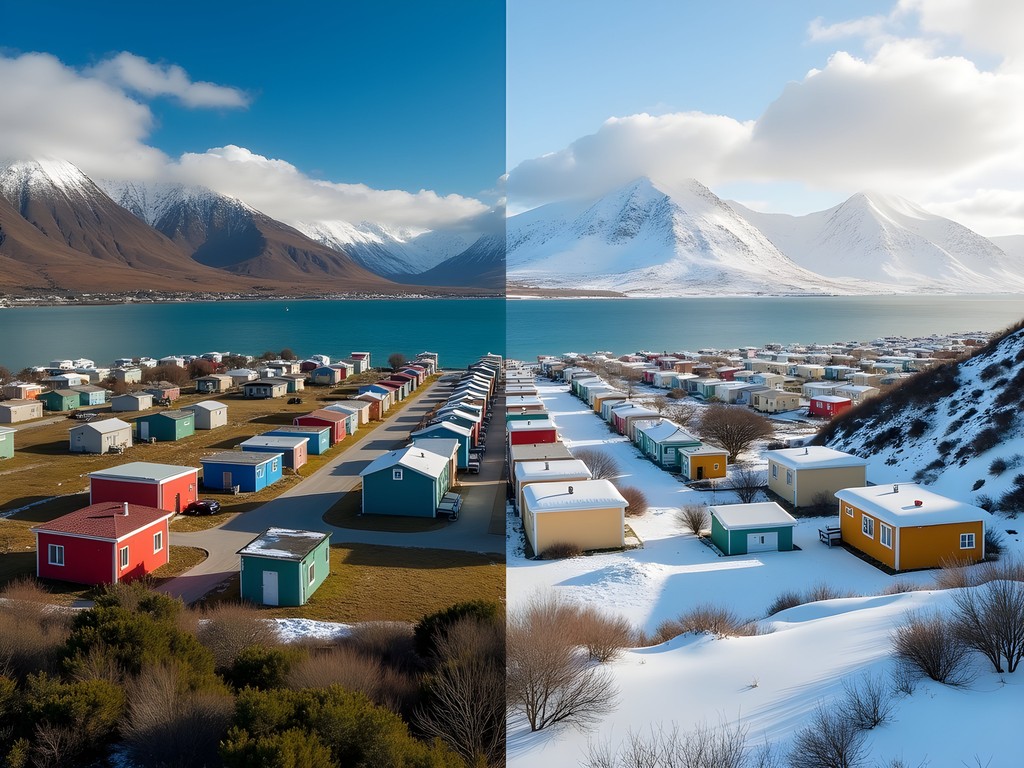 Split image showing Ushuaia in summer and winter seasons