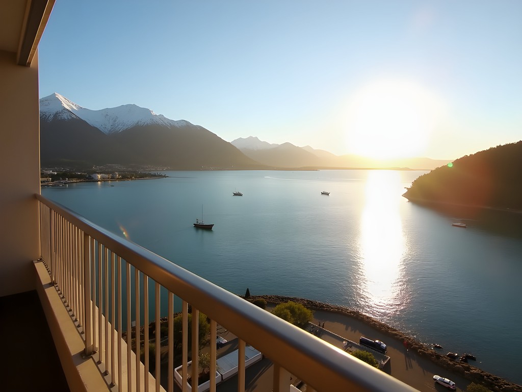 Panoramic view of Beagle Channel from hotel room balcony in Ushuaia