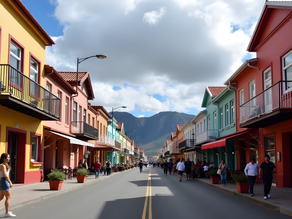 Colorful buildings along Ushuaia's main street with mountains in background
