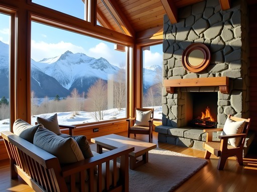 Cozy mountain lodge interior with panoramic windows framing Martial Mountains