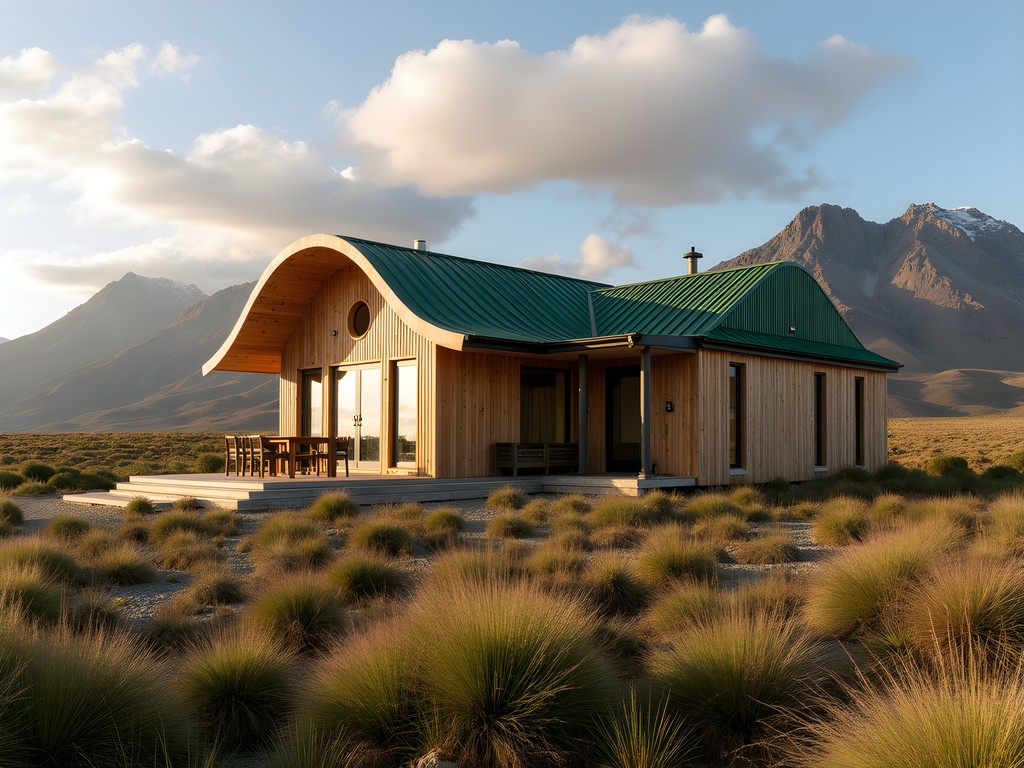 Eco-friendly lodge built with sustainable materials blending into Patagonian landscape