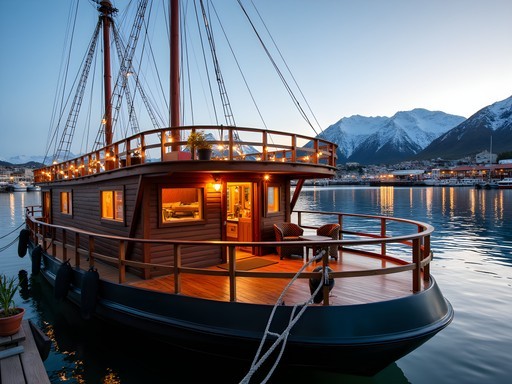 Converted fishing vessel accommodation moored in Ushuaia's inner harbor