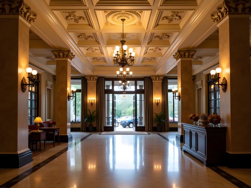 Grand historic lobby of Hotel Utica with ornate architectural details