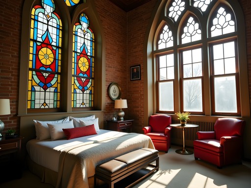 Hotel room with colorful stained glass windows in converted church
