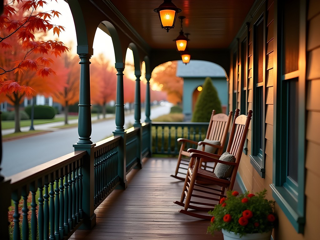 Cozy B&B porch with rocking chairs overlooking fall foliage