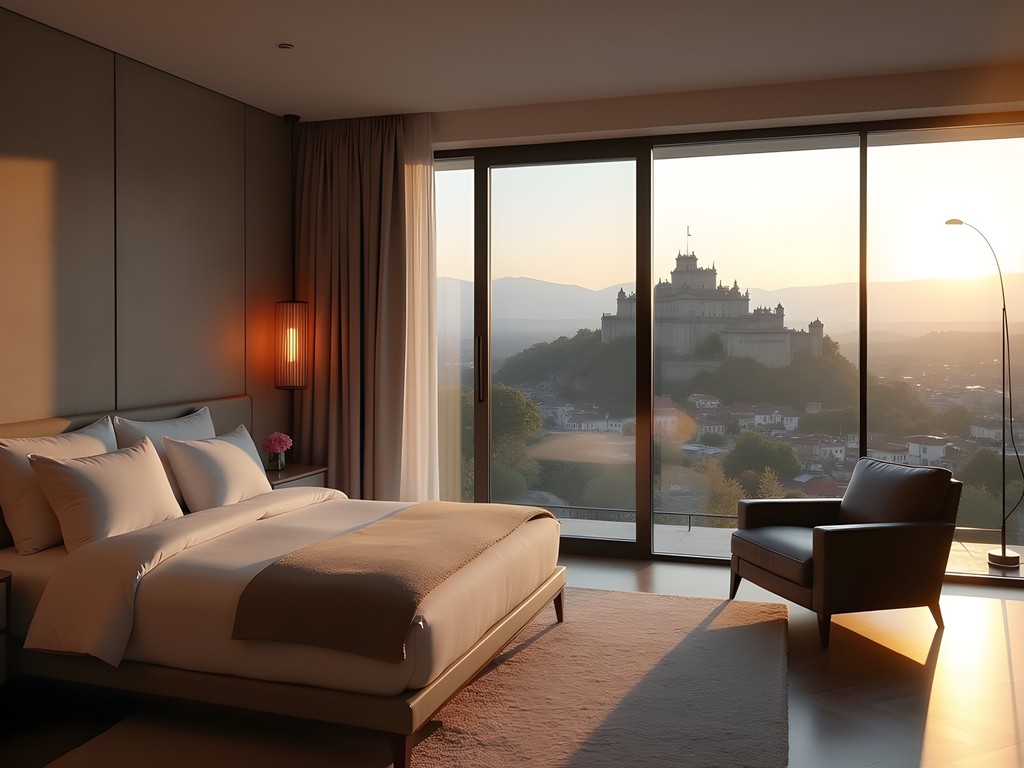 Modern boutique hotel room with panoramic window framing view of Tsarevets Fortress in Veliko Tarnovo
