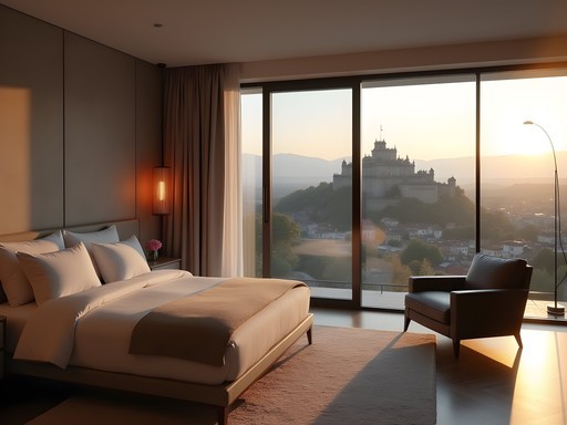 Modern boutique hotel room with panoramic window framing view of Tsarevets Fortress in Veliko Tarnovo