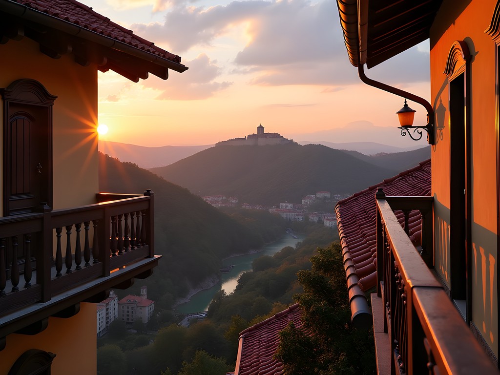 Panoramic view of Tsarevets Fortress from a traditional wooden balcony on Gurko Street in Veliko Tarnovo