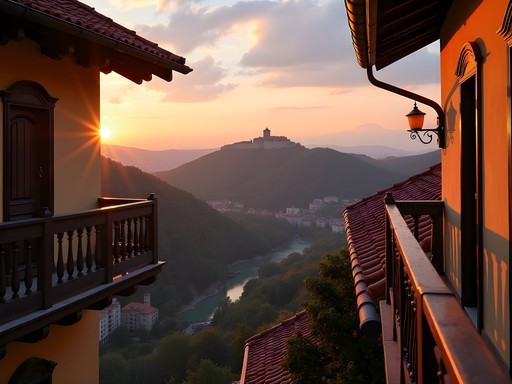 Panoramic view of Tsarevets Fortress from a traditional wooden balcony on Gurko Street in Veliko Tarnovo