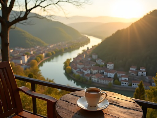 Panoramic view from hillside guesthouse terrace showing Tsarevets Fortress and the winding Yantra River in Veliko Tarnovo
