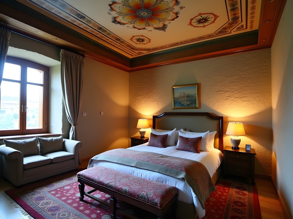 Interior of restored merchant house hotel in Veliko Tarnovo showing original frescoes and modern luxury elements