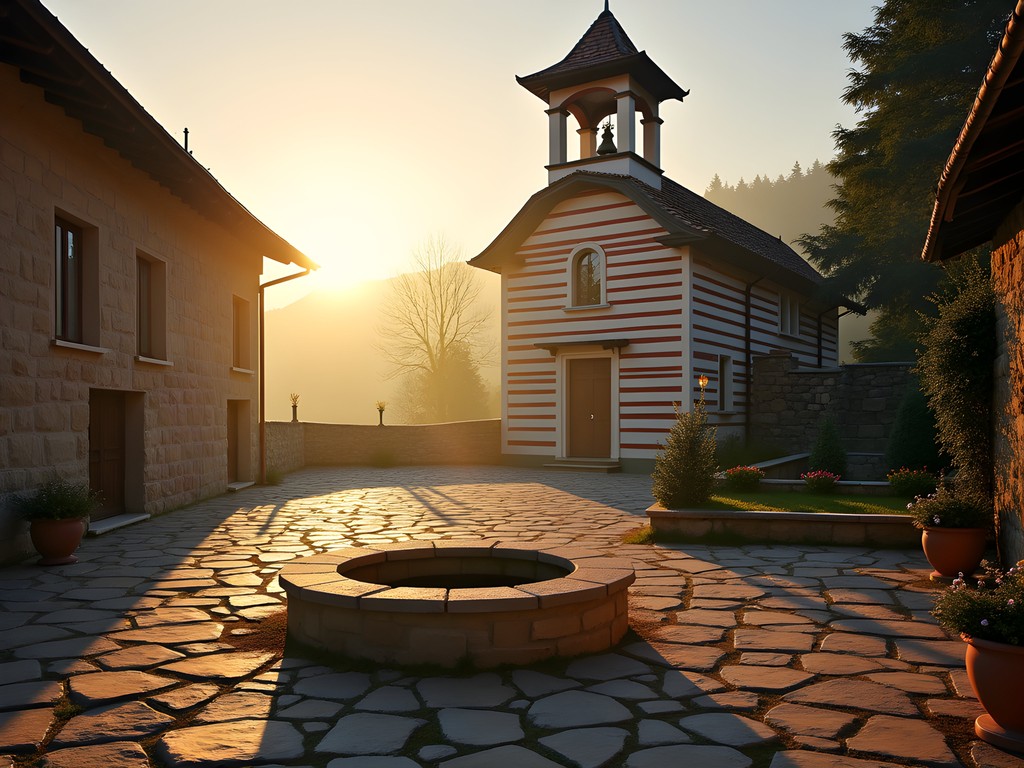 Early morning light in a peaceful Bulgarian Orthodox monastery courtyard near Veliko Tarnovo