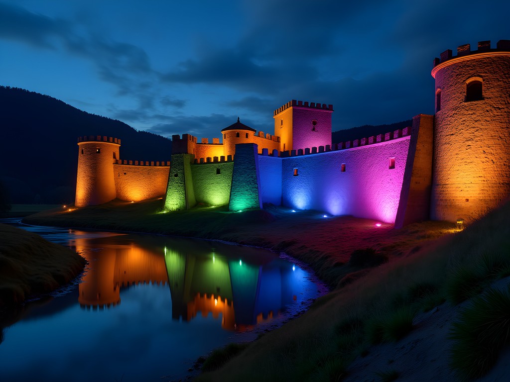 Dramatic night view of Tsarevets Fortress during the Sound and Light Show in Veliko Tarnovo