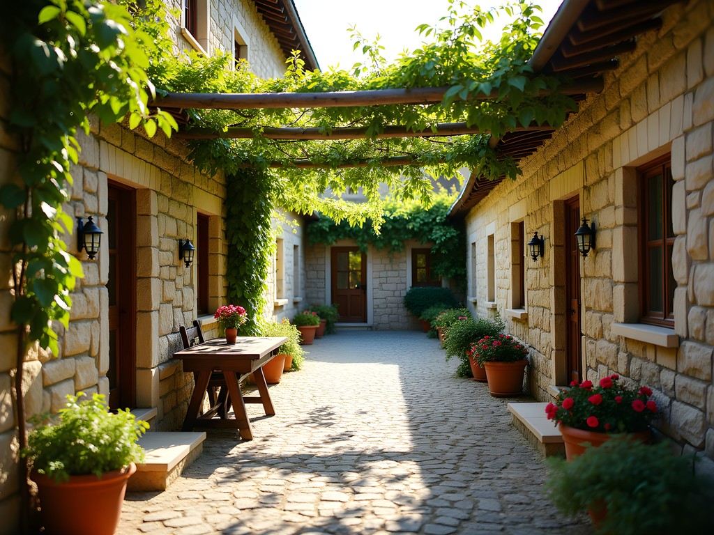 Traditional Bulgarian village courtyard with stone walls, flowering plants, and rustic wooden furniture in Arbanasi near Veliko Tarnovo