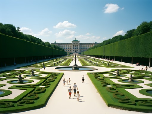 Family exploring the geometric gardens of Belvedere Palace in Vienna's Landstraße district