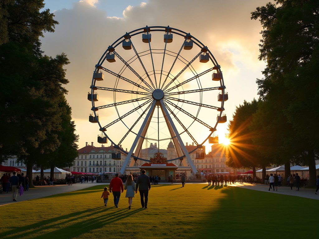 Iconic Riesenrad Ferris wheel in Vienna's Prater park with families enjoying the grounds