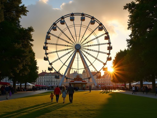 Iconic Riesenrad Ferris wheel in Vienna's Prater park with families enjoying the grounds